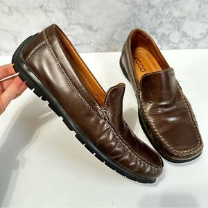 Ecco men brown leather slip-on driving loafers moccasins